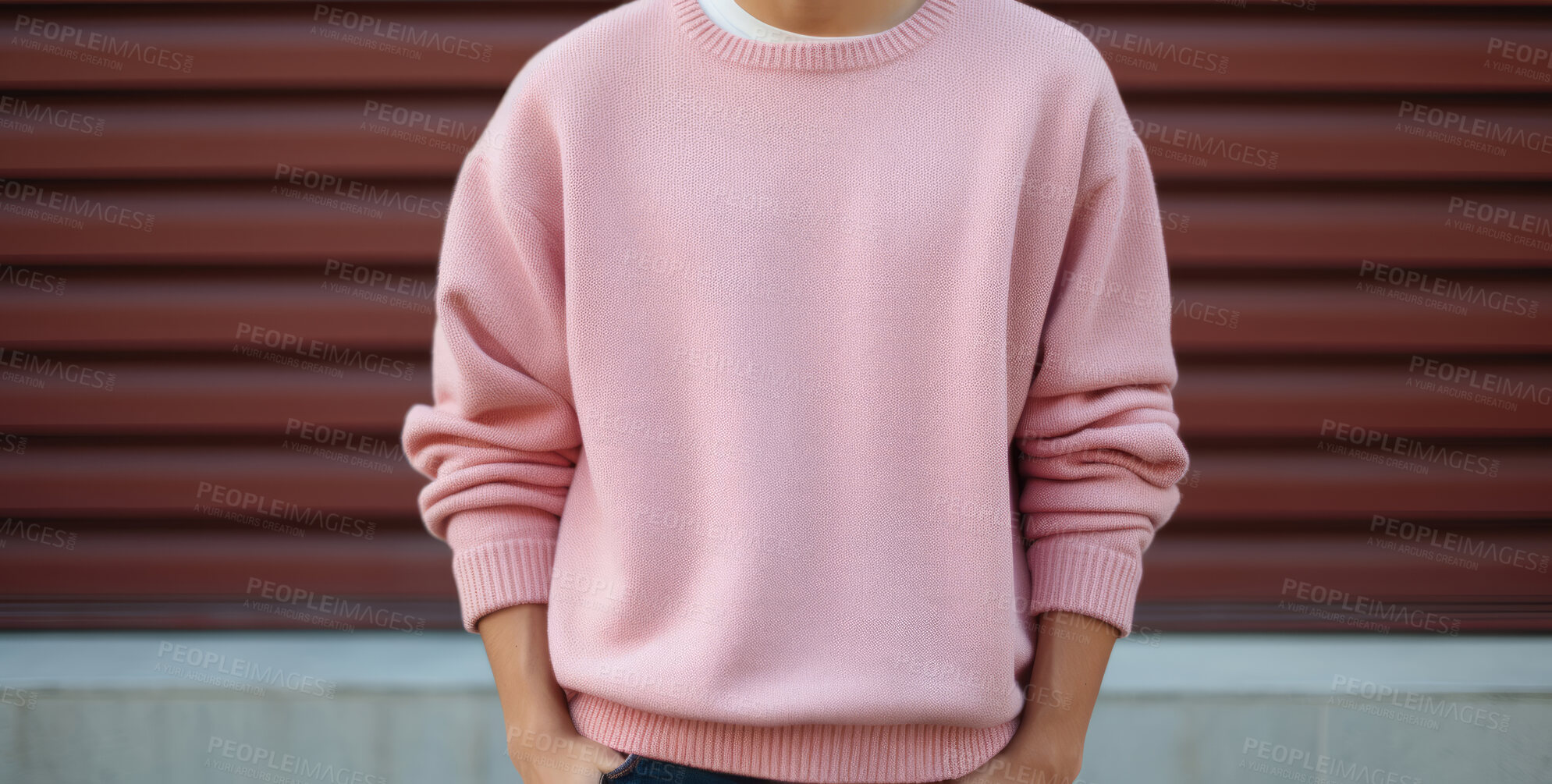 Buy stock photo Blank men's pink t-shirt, jersey. Model showing clothing template.