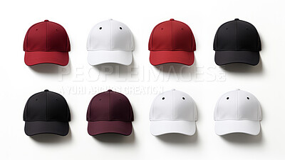 Buy stock photo Blank baseball caps. Mock up. Headwear template. Copy space.