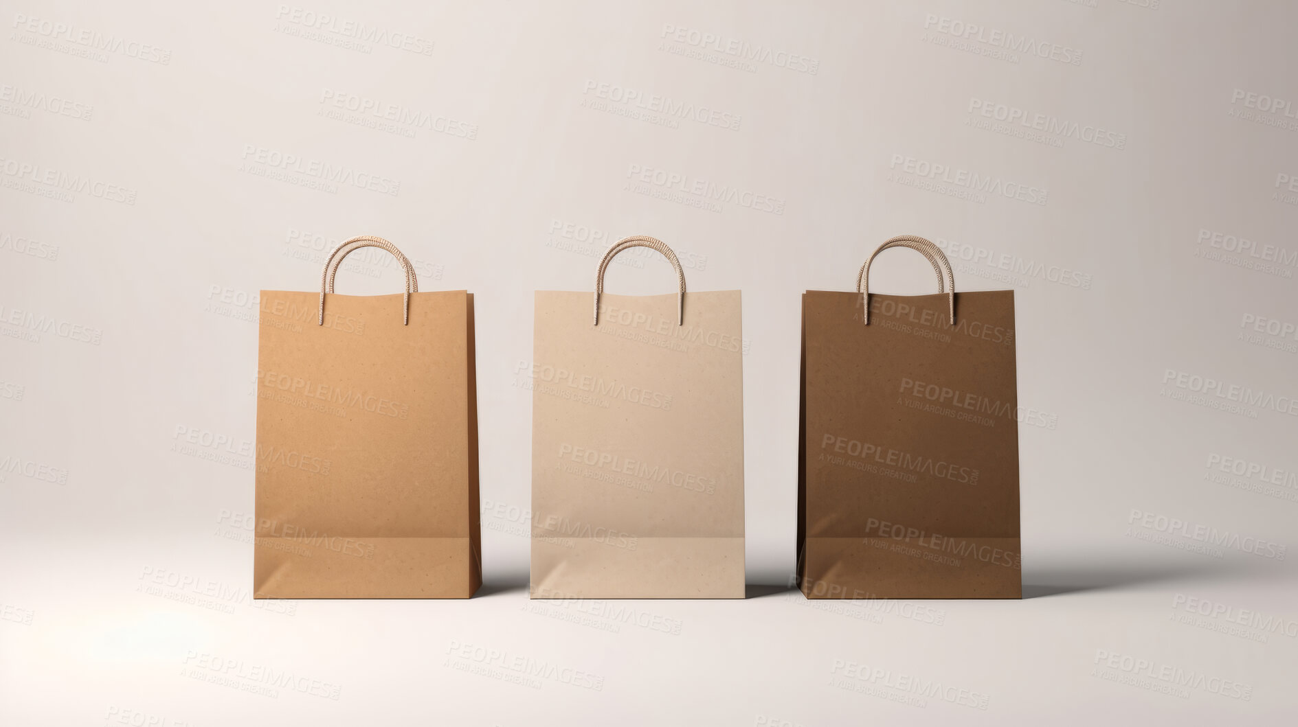 Buy stock photo Mock-up of recycled shopping bag. Blank paper bag template on backdrop. Copy space.