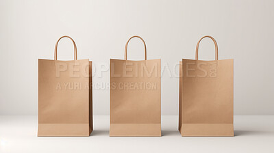 Mock-up of recycled shopping bag. Blank paper bag template on backdrop. Copy space.