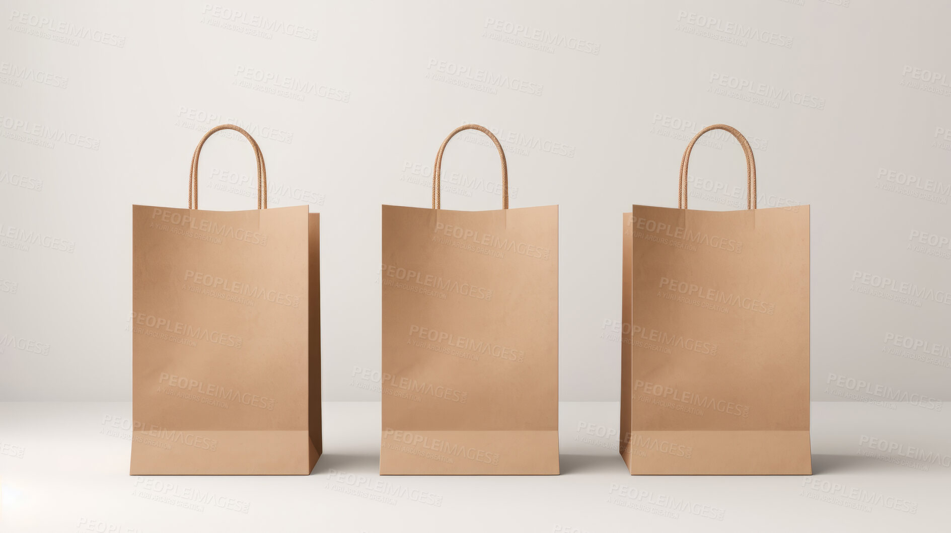 Buy stock photo Mock-up of recycled shopping bag. Blank paper bag template on backdrop. Copy space.