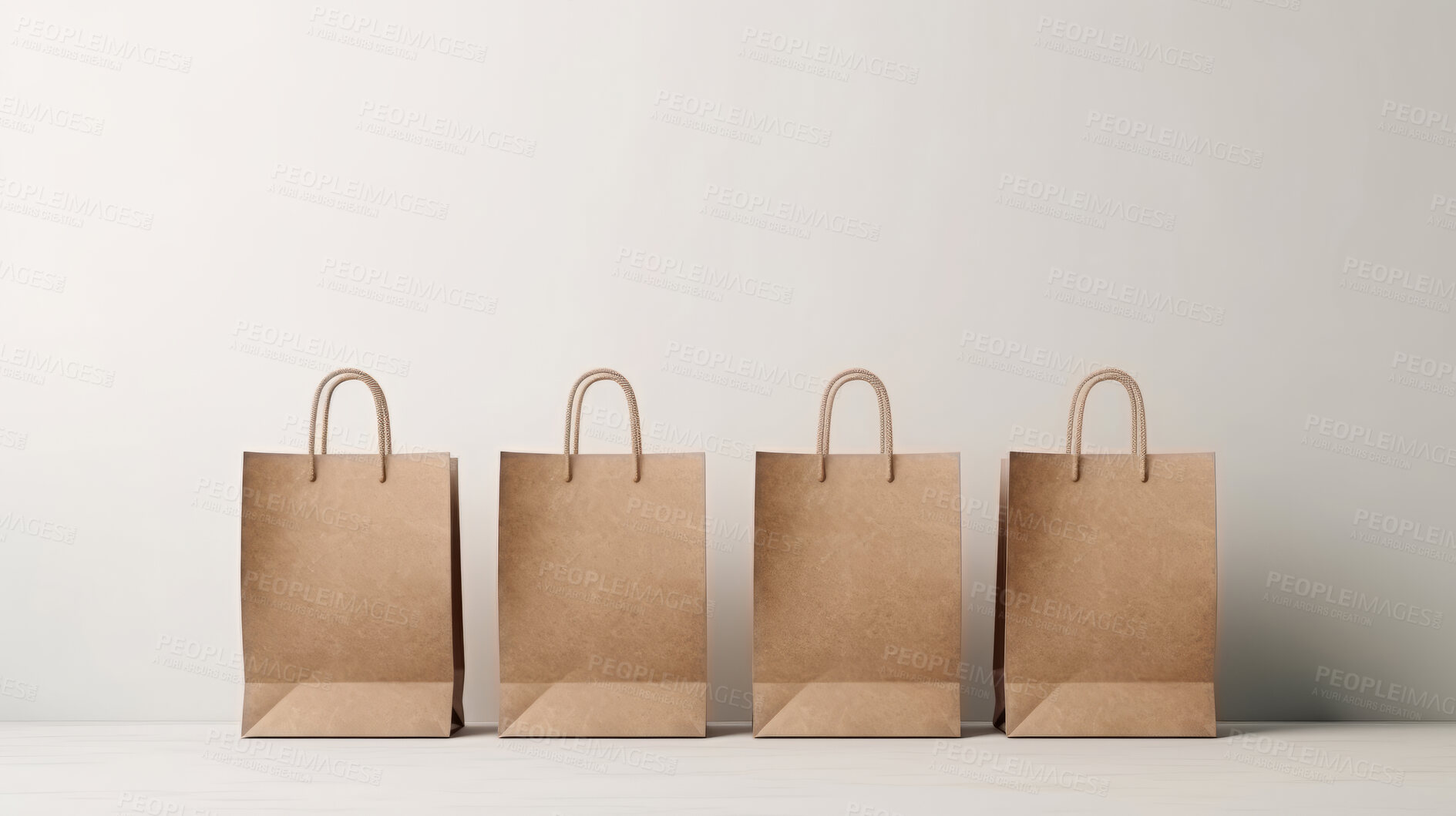 Buy stock photo Mock-up of recycled shopping bag. Blank paper bag template on backdrop. Copy space.