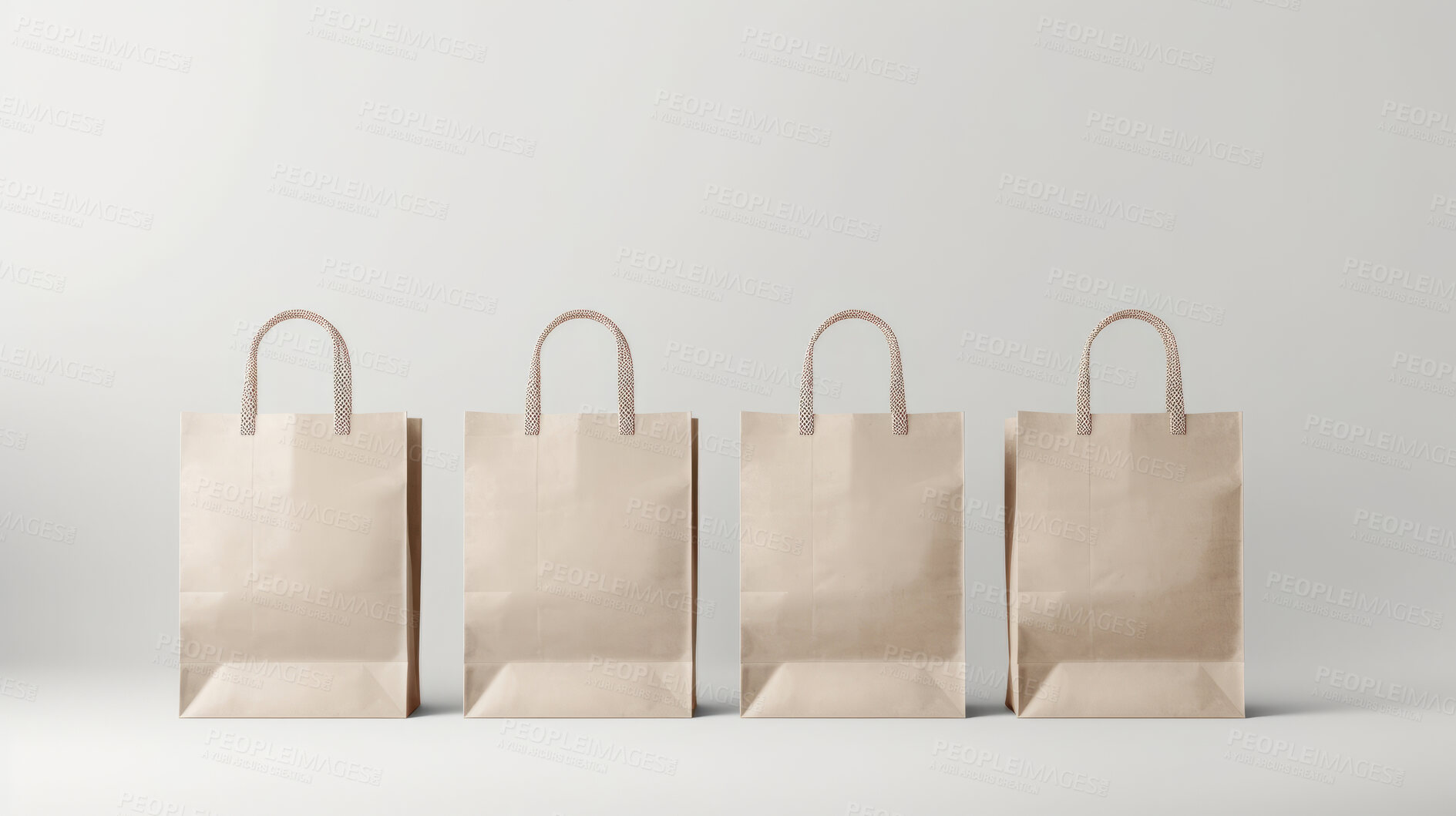 Buy stock photo Mock-up of recycled shopping bag. Blank paper bag template on backdrop. Copy space.