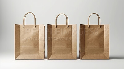 Buy stock photo Mock-up of recycled shopping bag. Blank paper bag template on backdrop. Copy space.