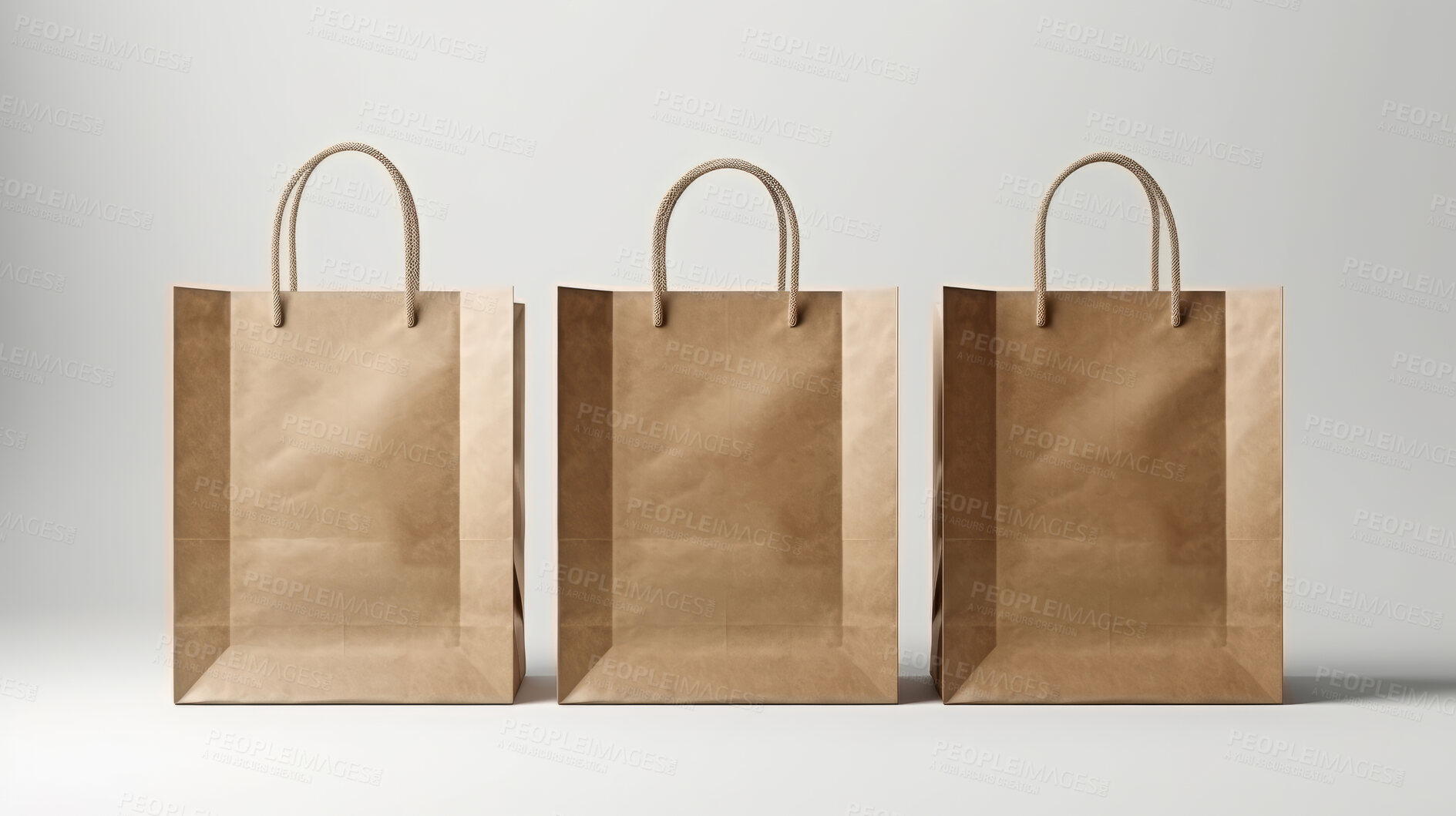 Buy stock photo Mock-up of recycled shopping bag. Blank paper bag template on backdrop. Copy space.