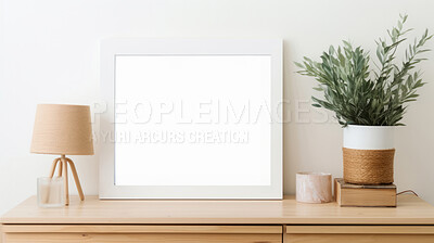 Buy stock photo Mock up photo frame on the brown shelf. Modern concept. Copy space.