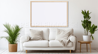 Mock-up of photo frame on wall above couch. Modern concept. Copy space.