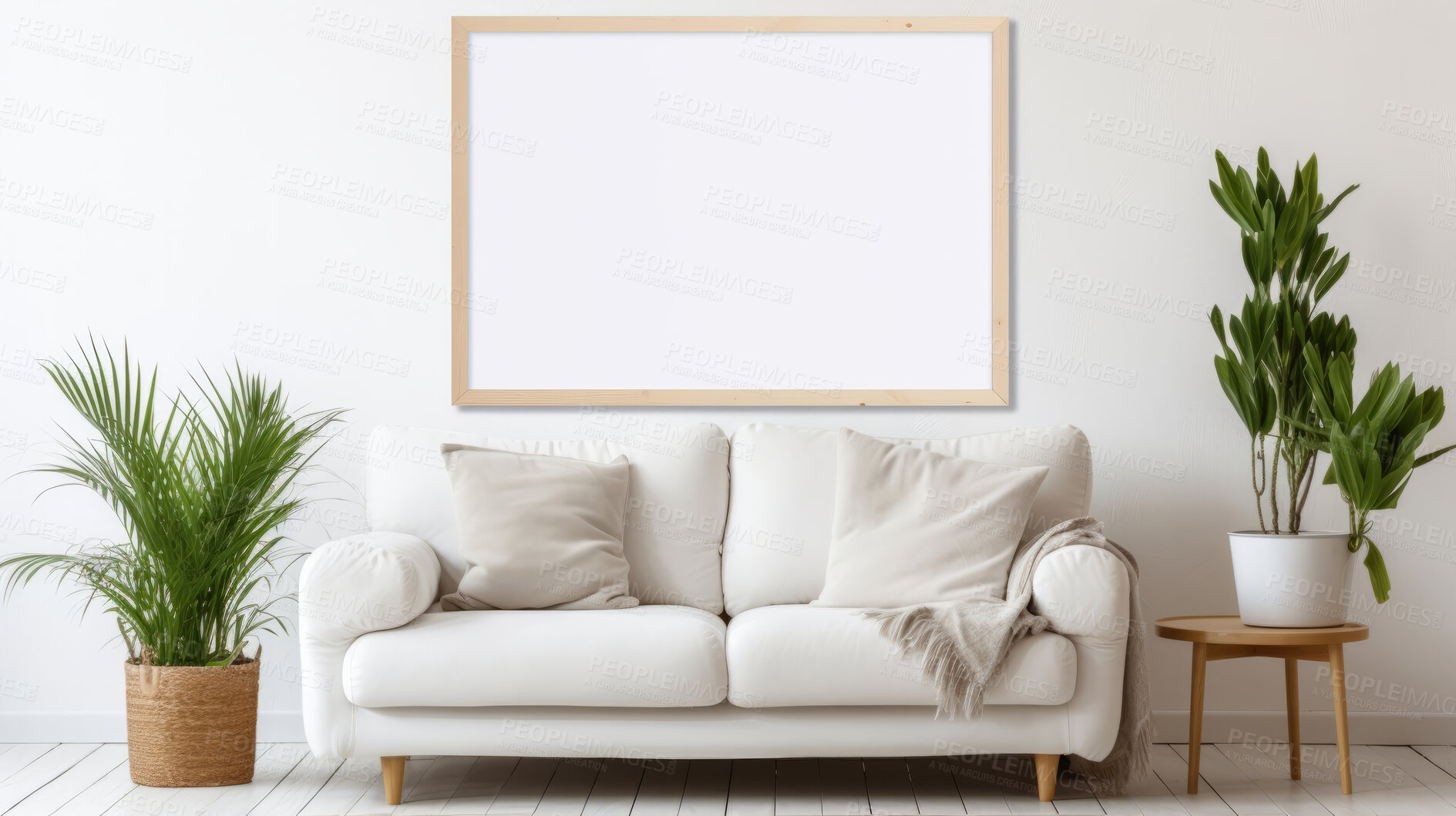 Buy stock photo Mock-up of photo frame on wall above couch. Modern concept. Copy space.