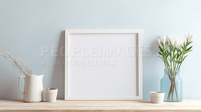 Mock up photo frame on shelf. Modern concept. Copy space.