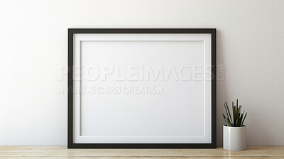 Mock up photo frame on shelf. Black edge. Modern concept. Copy space.
