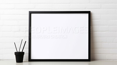 Buy stock photo Mock up photo frame on shelf. Black edge. Modern concept. Copy space.