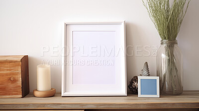 Mock up photo frame on shelf. White edge. Modern concept. Copy space.