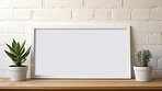 Mock up rectangular photo frame on shelf. White edge. Modern concept. Copy space.