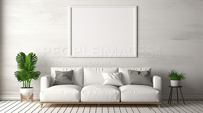 Mock-up of photo frame on wall above couch. Modern concept. Copy space.