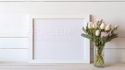 Buy stock photo Mock up photo frame on shelf. White edge. Modern concept. Copy space.