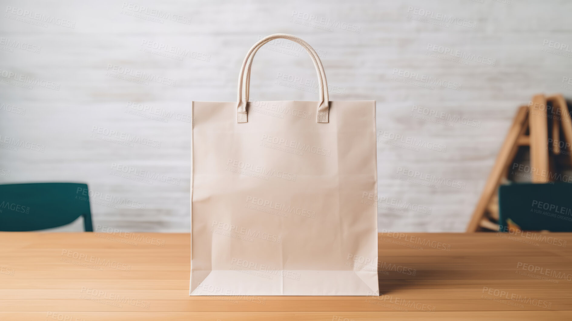 Buy stock photo Mock-up of recycled shopping bag. Blank template on backdrop. Copy space.