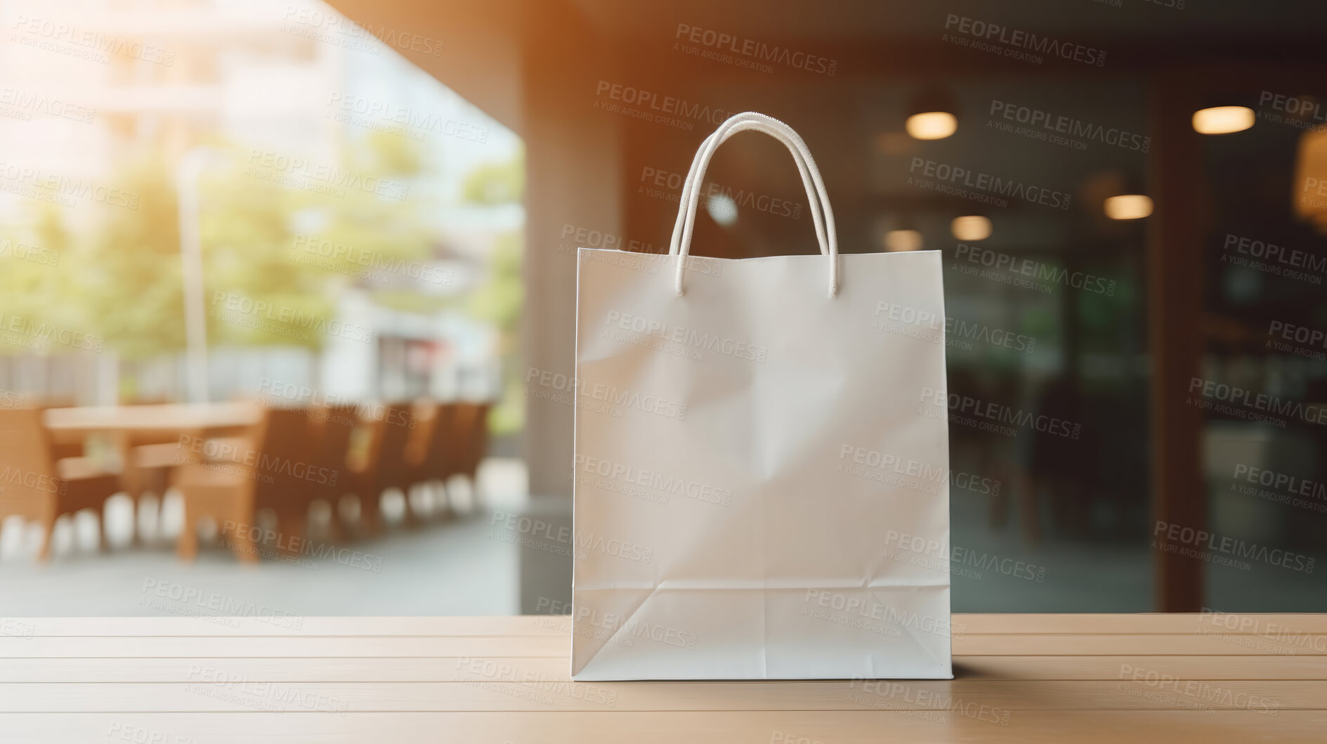 Buy stock photo Mock-up of recycled shopping bag. Blank template on backdrop. Copy space.