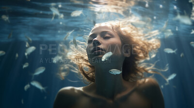 Buy stock photo Model underwater. Calm relaxation concept. Editorial concept.
