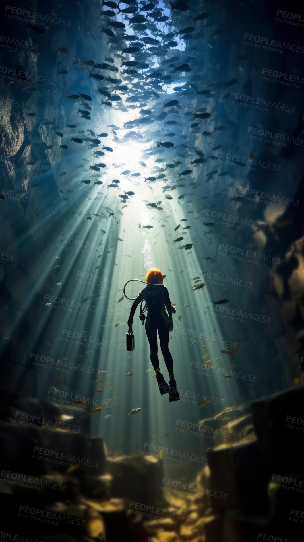 Buy stock photo Scuba diving in tropical ocean. Beautiful bright sunlight and beams.