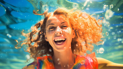 Buy stock photo Portrait of smiling young woman underwater in swimming pool. Vacation, holiday concept.