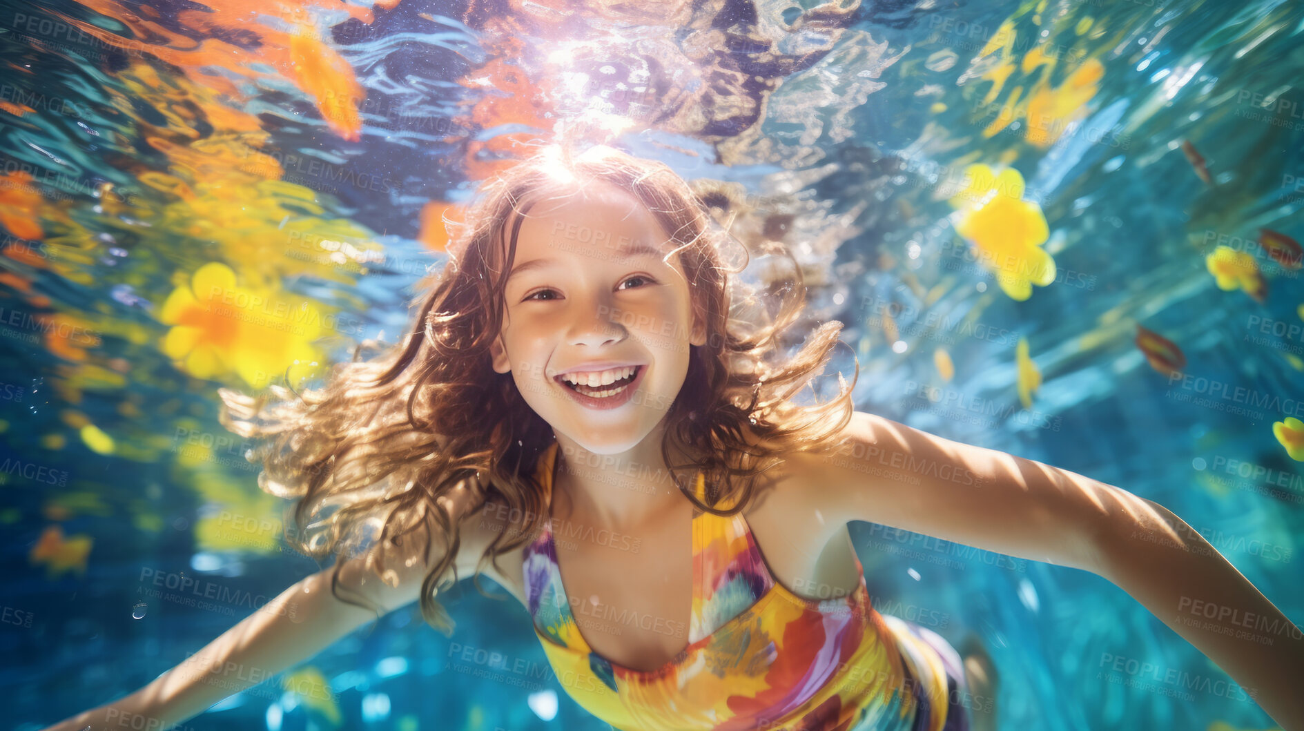 Buy stock photo Portrait of smiling young girl underwater in swimming pool. Vacation, holiday concept.