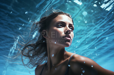 Portrait of a woman under water. Calm relaxation concept. Editorial concept.