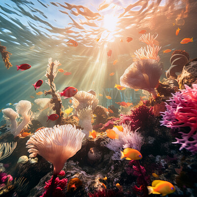 Underwater scenery, sunbeams through water. Tropical coral reefs.