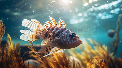 Underwater close-up of a fish. Fish in background. Underwater scenery.