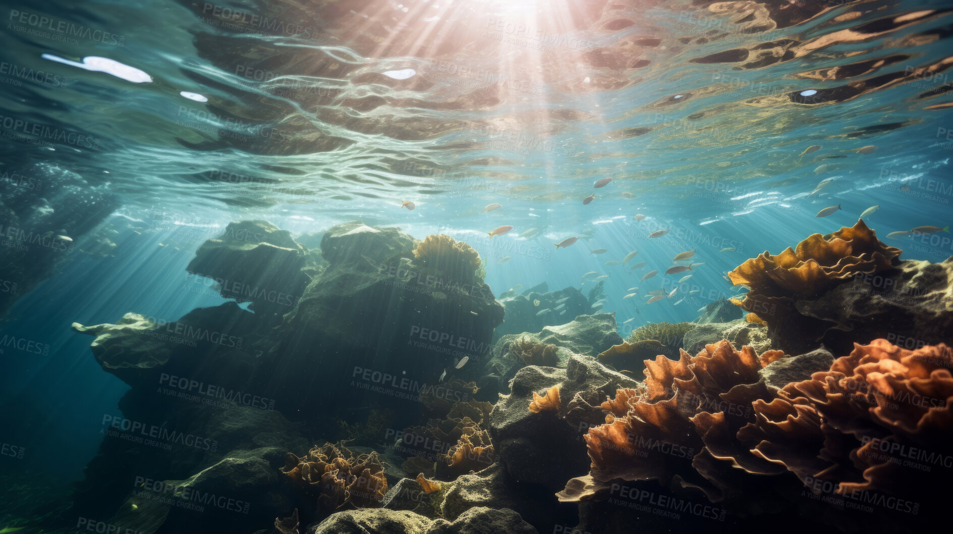 Buy stock photo Underwater scenery, various types of fish in distance. Illuminated coral reefs.