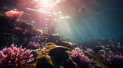 Underwater scenery, sunbeams through water. Tropical coral reefs.