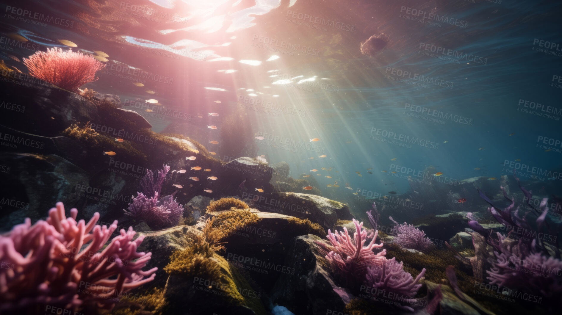 Buy stock photo Underwater scenery, sunbeams through water. Tropical coral reefs.