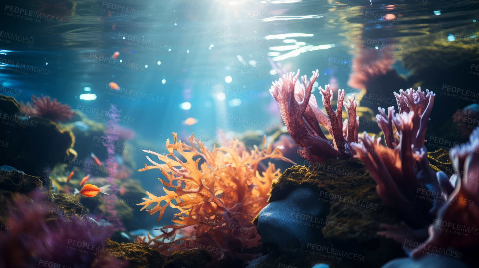 Buy stock photo Underwater scenery, sunbeams through water. Tropical coral reefs.