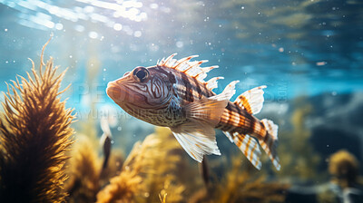 Underwater close-up of a fish. Fish in background. Underwater scenery.
