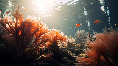Underwater scenery, various types of fish in distance. Illuminated coral reefs.