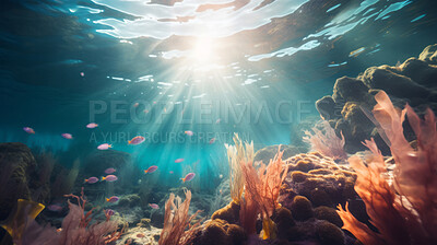 Underwater scenery, various types of fish in distance. Beautiful coral reefs.