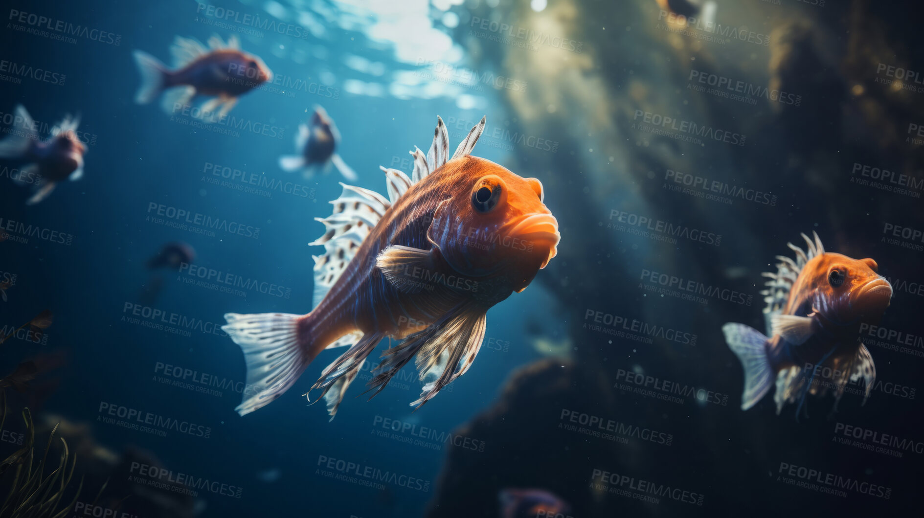 Buy stock photo Underwater close-up of a fish. Fish in background. Underwater scenery.
