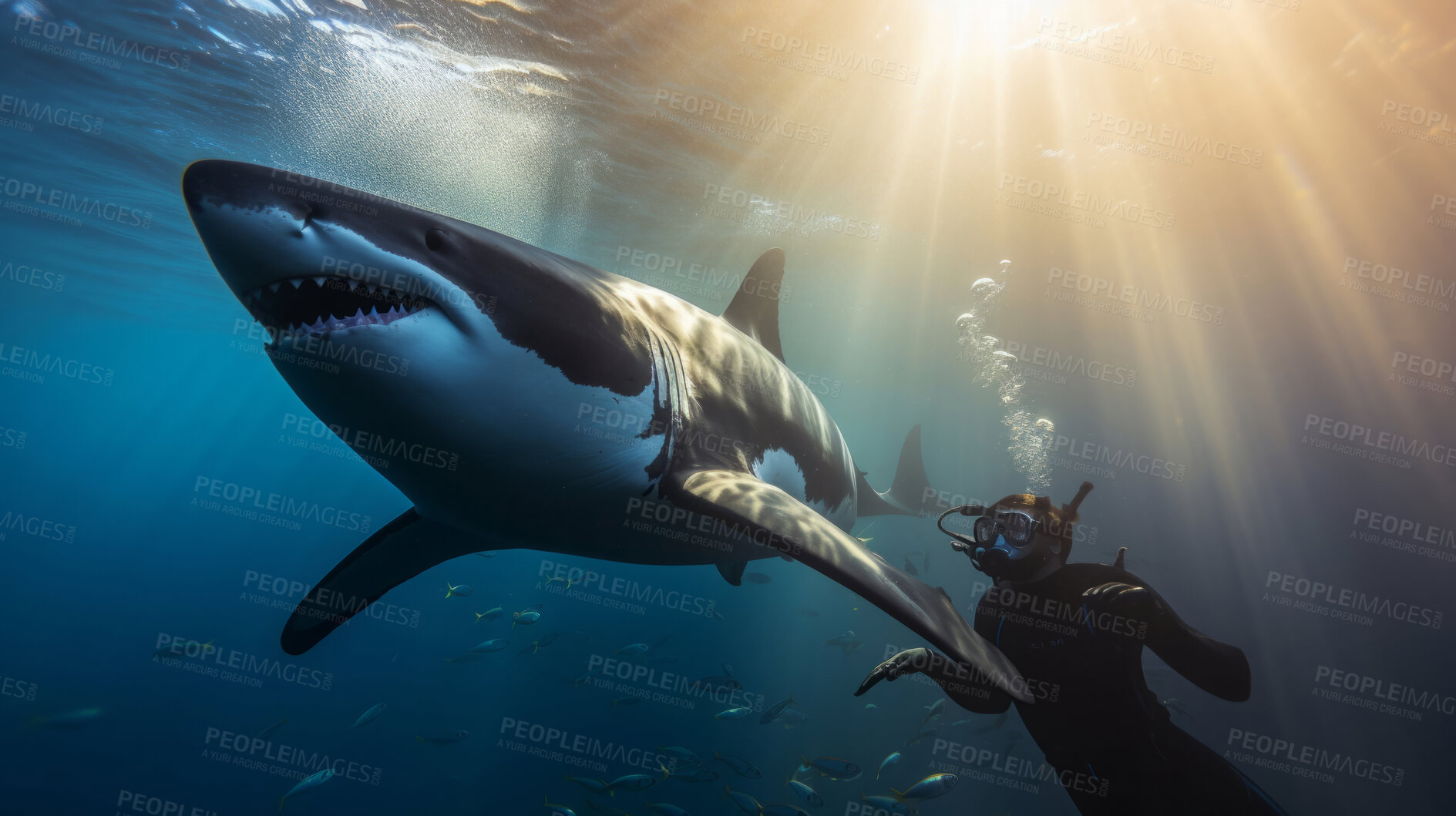 Buy stock photo Scuba diving with sharks in tropical ocean. Beautiful bright sunlight and beams.