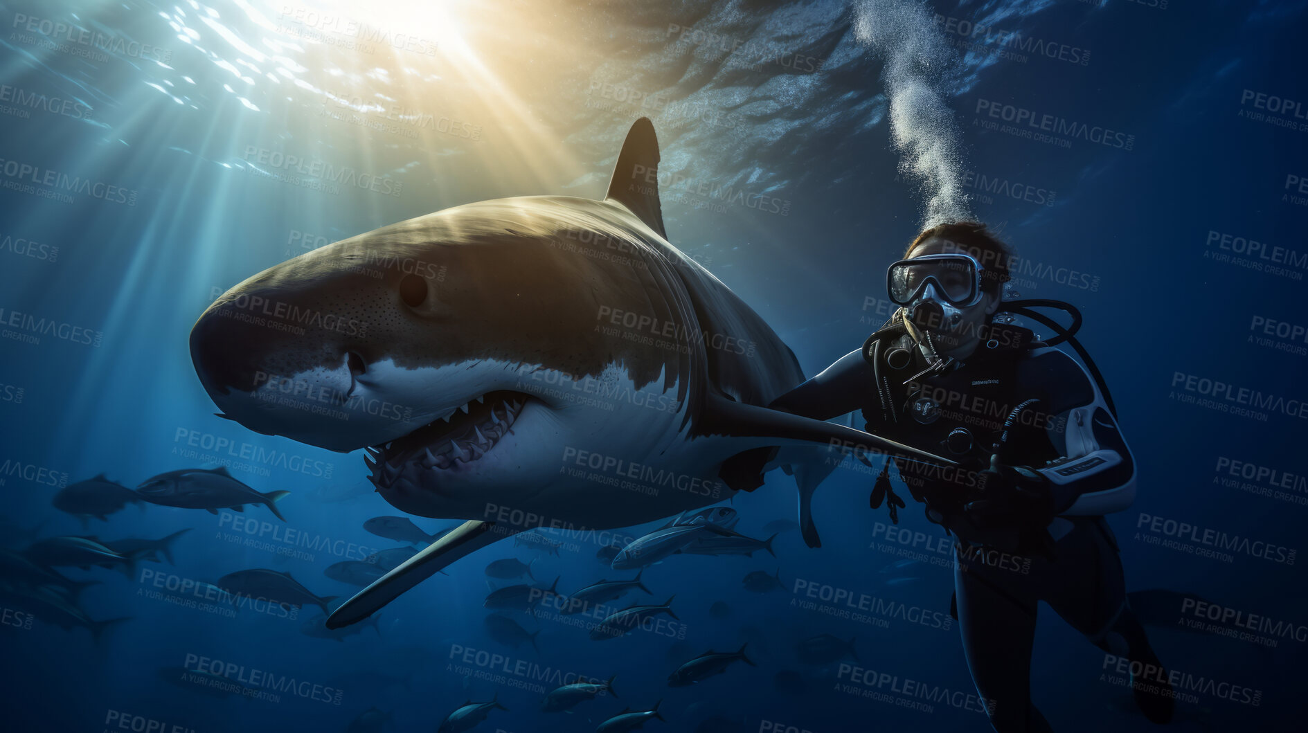 Buy stock photo Scuba diving with sharks in tropical ocean. Beautiful bright sunlight and beams.