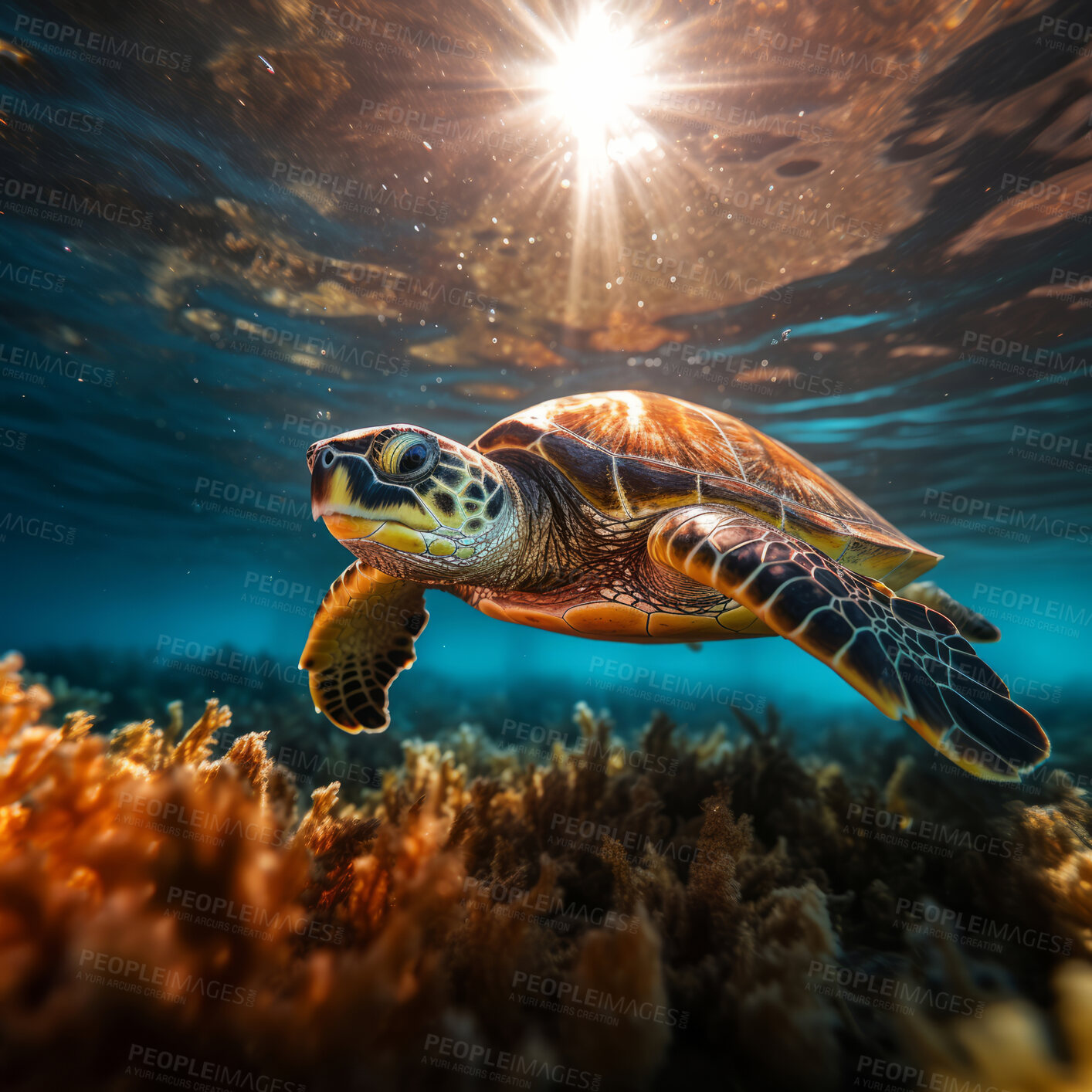 Buy stock photo Underwater close-up of sea turtle. Animal sea life in the coral reef.