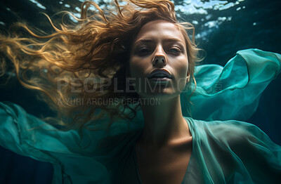 Model underwater wearing green flowing dress. Editorial concept.