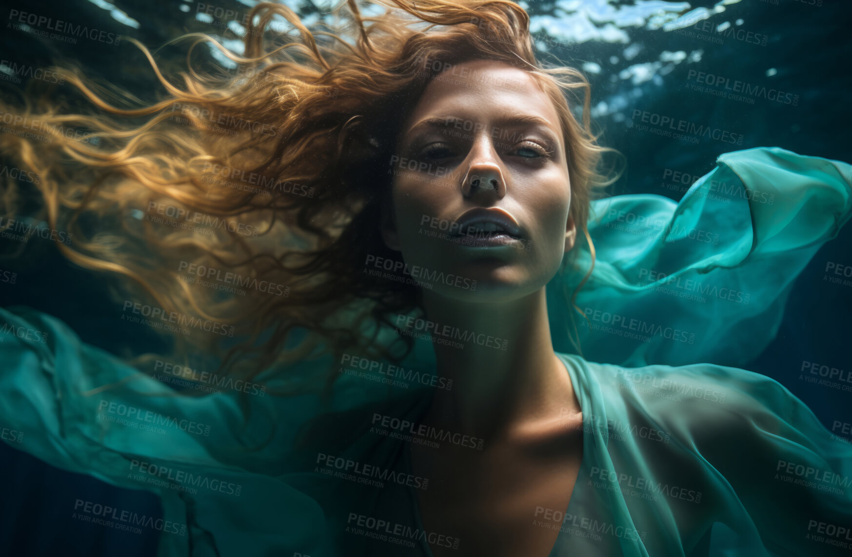 Buy stock photo Model underwater wearing green flowing dress. Editorial concept.