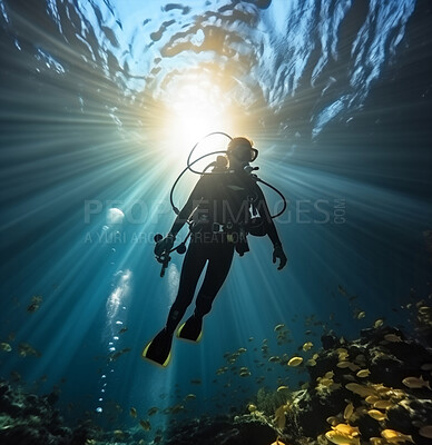 Scuba diving in tropical ocean. Beautiful bright sunlight and beams.