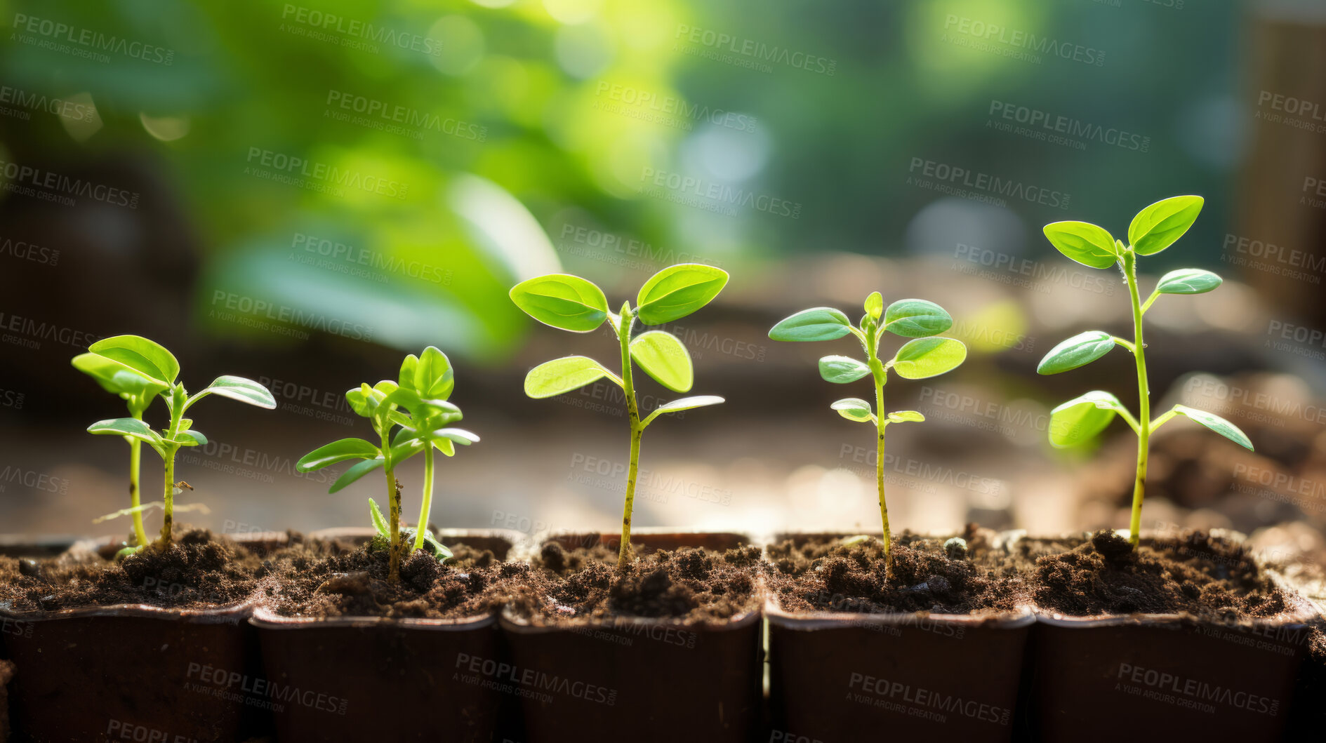 Buy stock photo Close-up of a young plants  in a row. Growing phases. Ecology Concept.