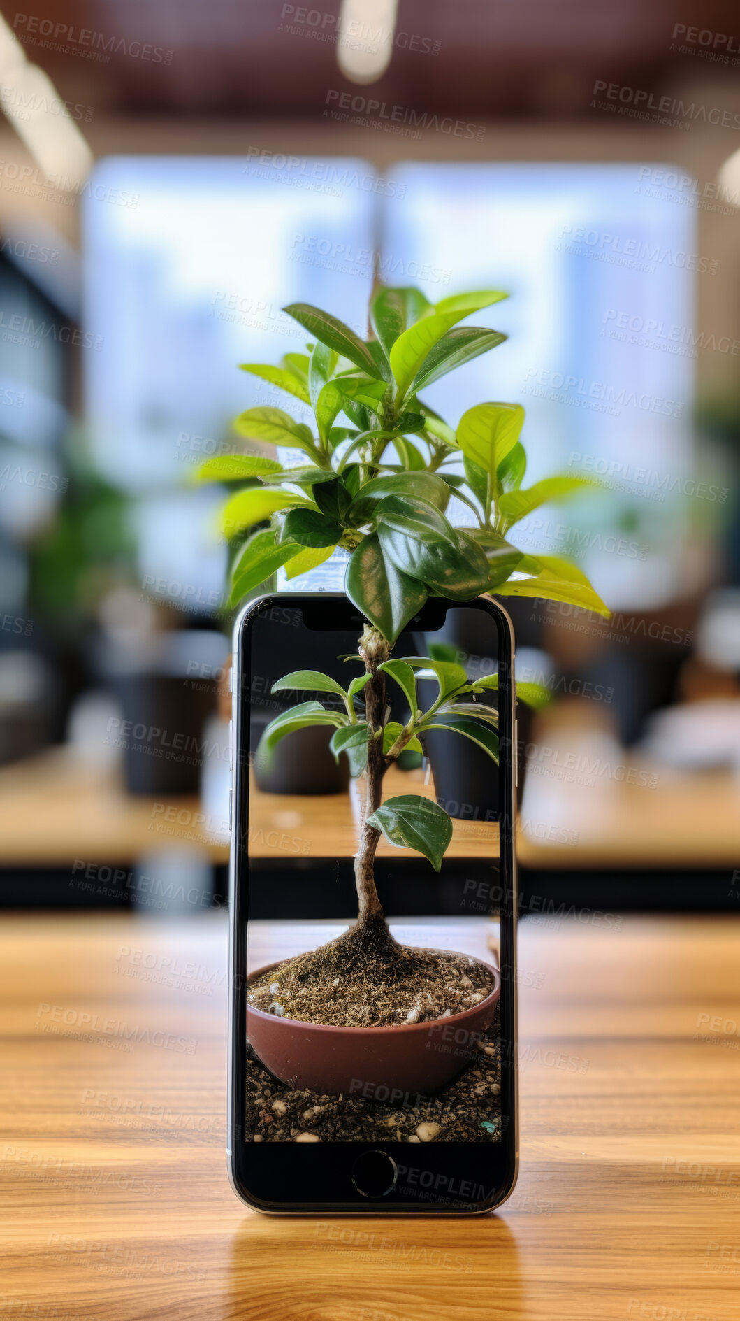 Buy stock photo Picture of plant growing out of smartphone. Ecology Concept.