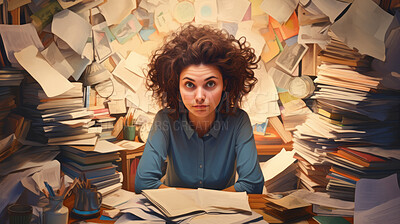 Exhausted woman in an office full of folders, documents and work. Mental Health concept