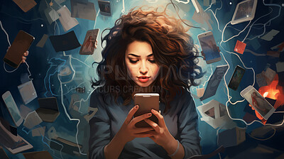 Woman surrounded by social media icons. Big data social media, screens, photos, videos
