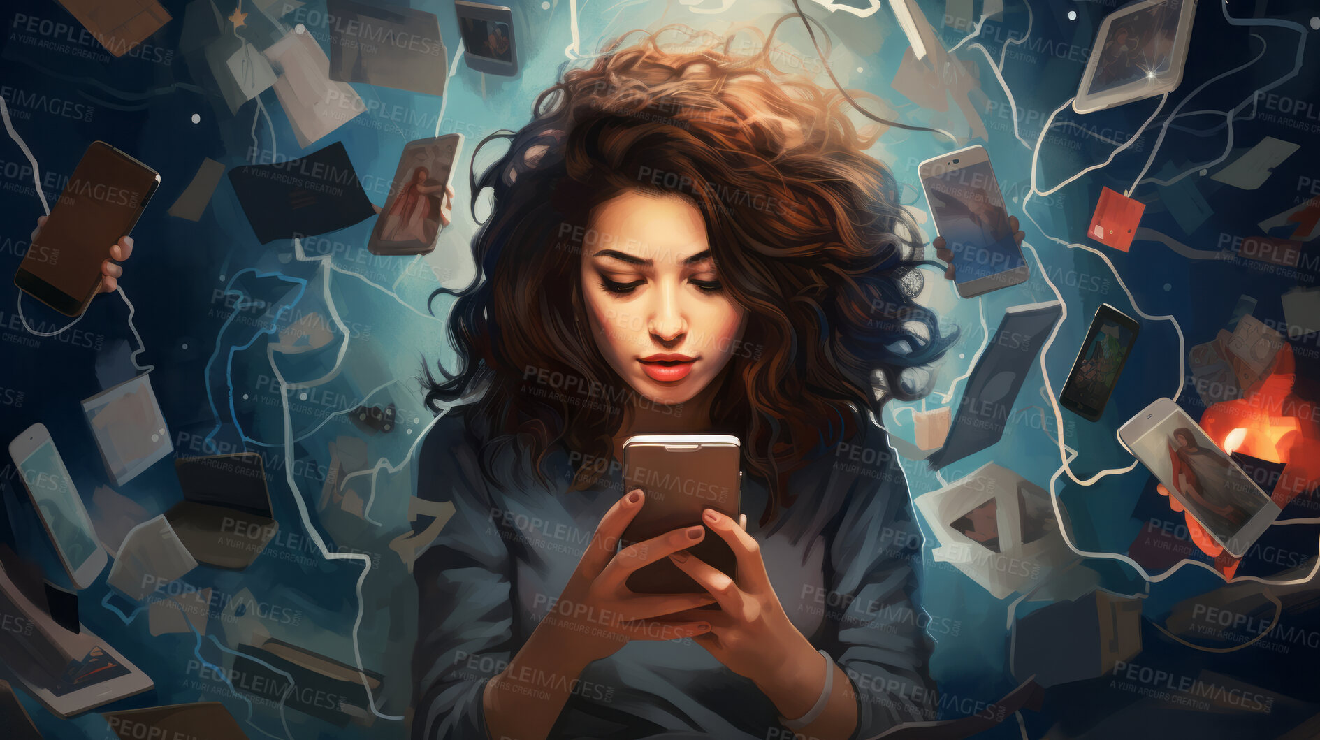 Buy stock photo Woman surrounded by social media icons. Big data social media, screens, photos, videos