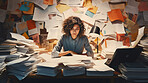 Exhausted woman in an office full of folders, documents and work. Mental Health concept