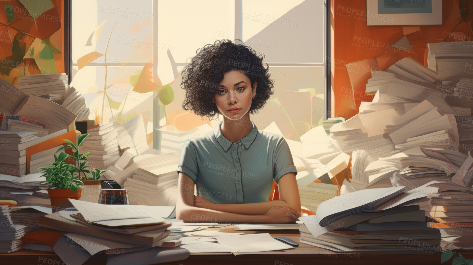 Buy stock photo Exhausted woman in an office full of folders, documents and work. Mental Health concept