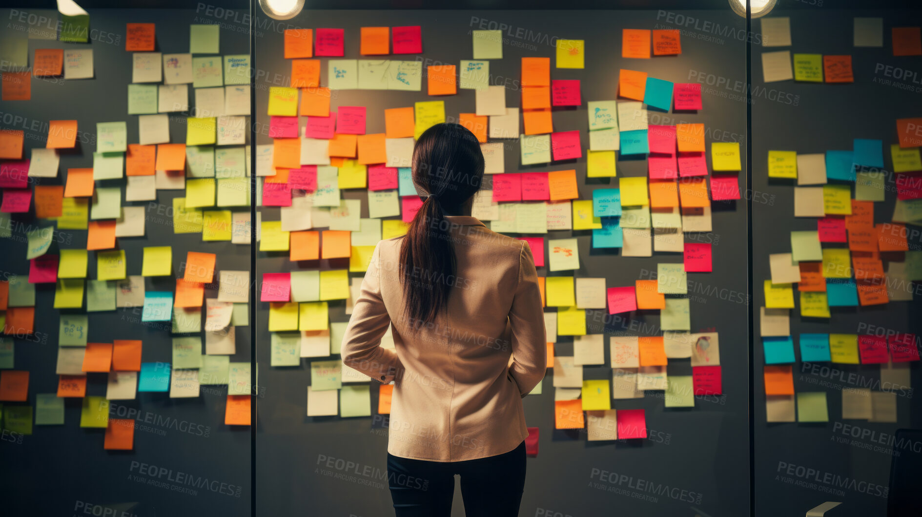 Buy stock photo Woman looking and brainstorming with ideas on glass board and sticky note